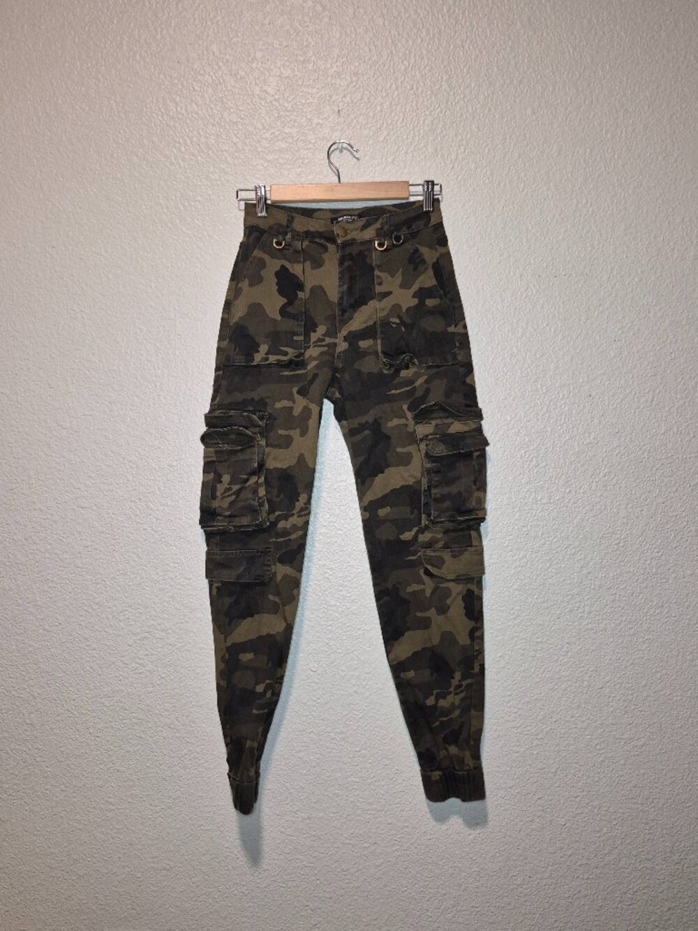 American Bazi Womens Small Cargo Camo Joggers Pants Pocket Green Black Straight